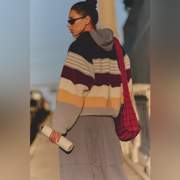 New Free People Hit The Slopes Fleece Jacket Run Stripe Papaya Combo - Picture 6 of 9